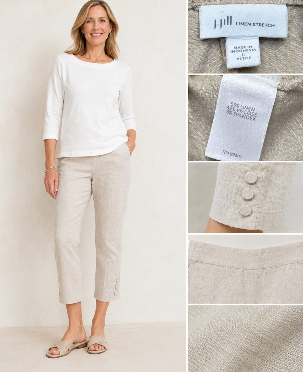 J.Jill Women's Cropped Linen Pants Size L Petite Beige Button Cuff